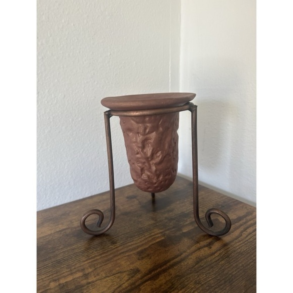 Metrotex Design Pottery Bowl W/Brass Stand Plant Pot Candle Holder Artistic Gift